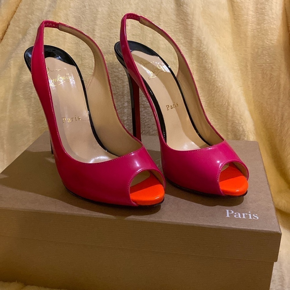 Christian Louboutin Flo Sling 120 Patent Rose Matador/Flame Pink Heels size 38
